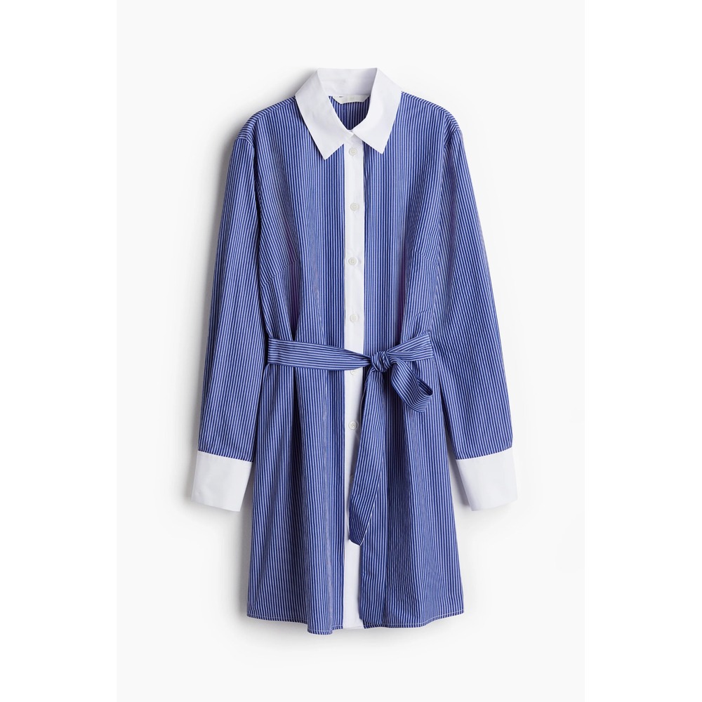 (B6) HM Blue White Striped Shirt Dress Contrast Collar Cuffs Long Sleeve S